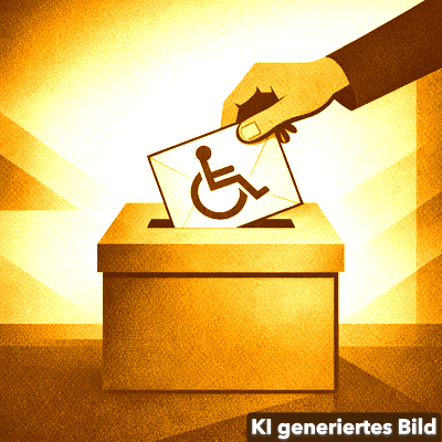 Eine Hand wirft einen Stimmzettel mit dem Symbol für Barrierefreiheit in eine Wahlurne. Der Hintergrund ist in warmen Gelbtönen gehalten, die das Thema Wahl und Inklusion unterstreichen.