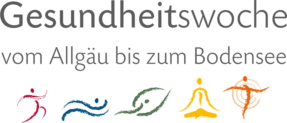 Logo für die Gesundheitswoche, das den Schriftzug "Gesundheitswoche vom Allgäu bis zum Bodensee" in stilisierten Buchstaben zeigt. Unter dem Text befinden sich fünf bunte Symbole, die Sport, Wasser, Natur, Meditation und Tanz darstellen.