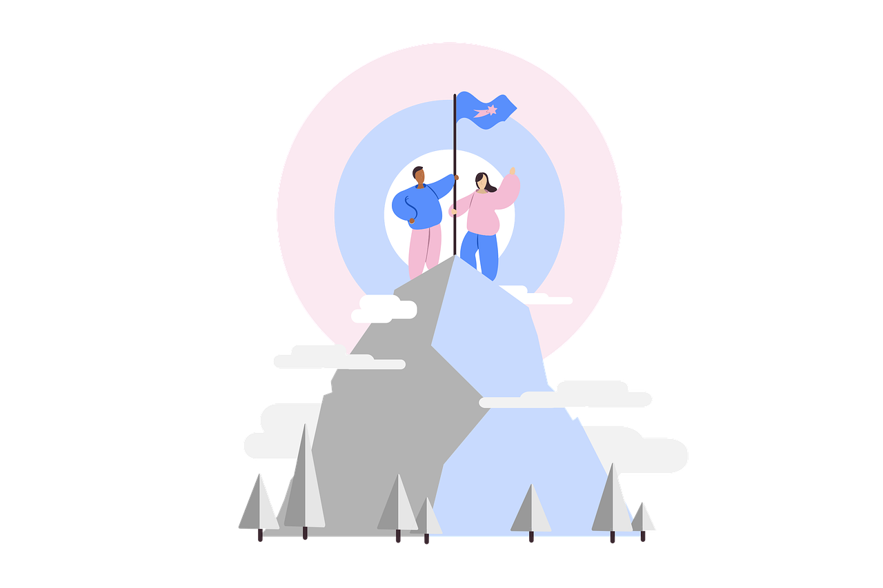 Zwei stilisierte Figuren stehen auf einem Berggipfel und halten eine Flagge. Im Hintergrund ist ein runder, farbiger Hintergrund zu sehen, der eine symbolische Atmosphäre schafft. Um den Berg herum gibt es einige Wolken und stilisierte Bäume.